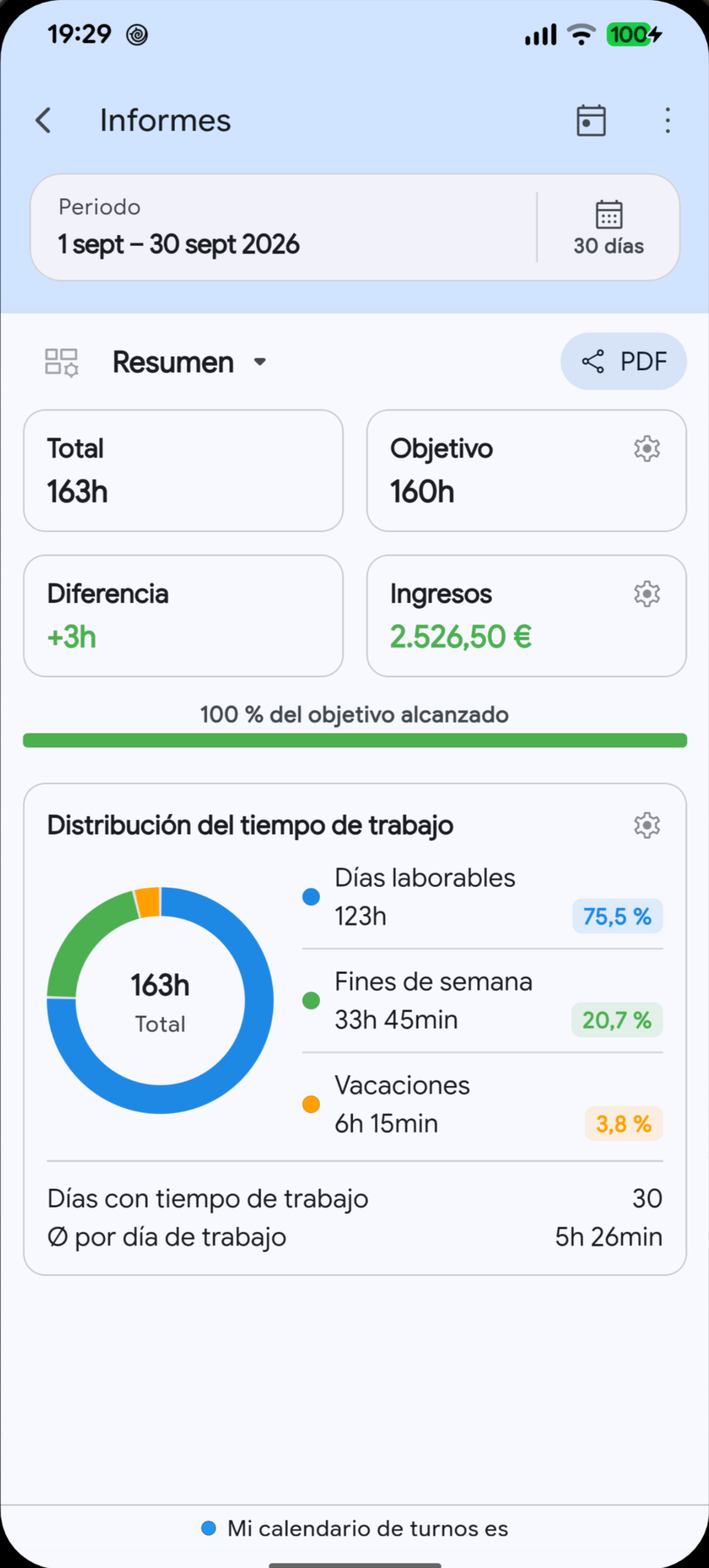 Informes de tiempo de trabajo de Megashift en el idioma seleccionado