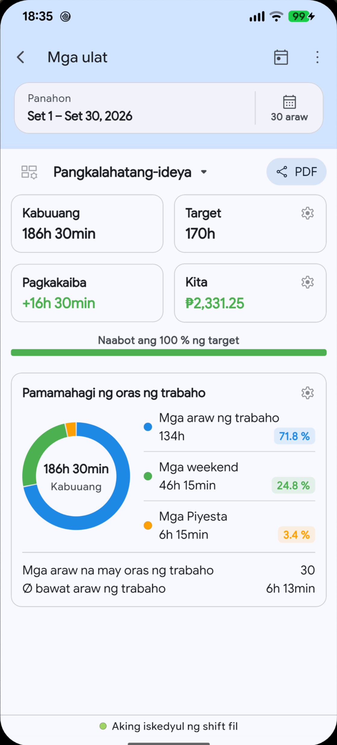 Mga ulat ng oras ng trabaho sa Megashift sa napiling wika