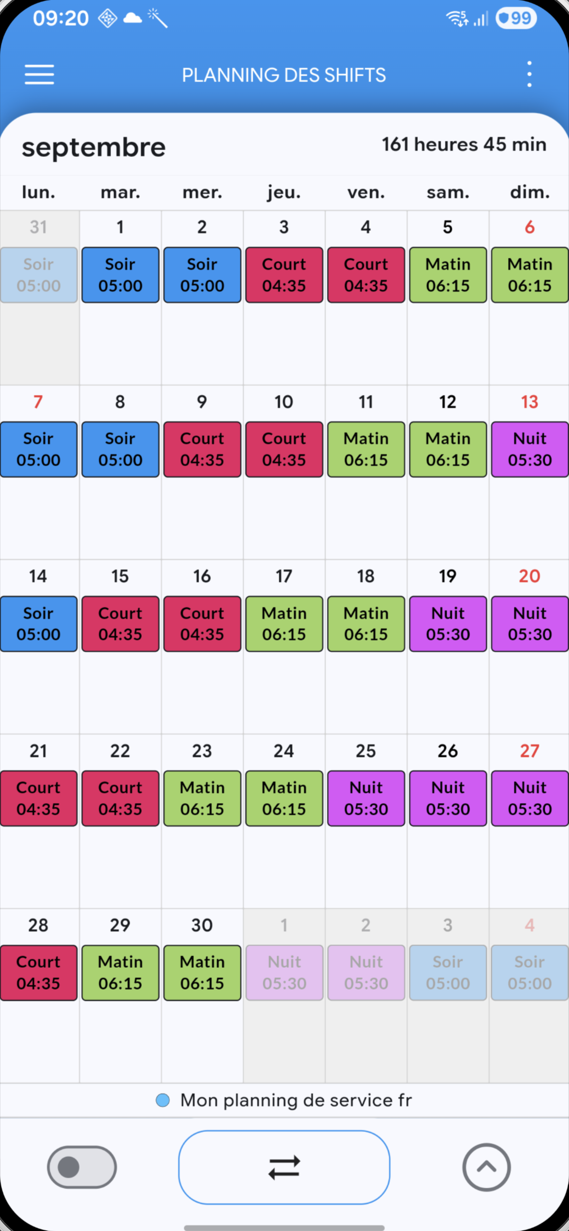 Calendrier des quarts