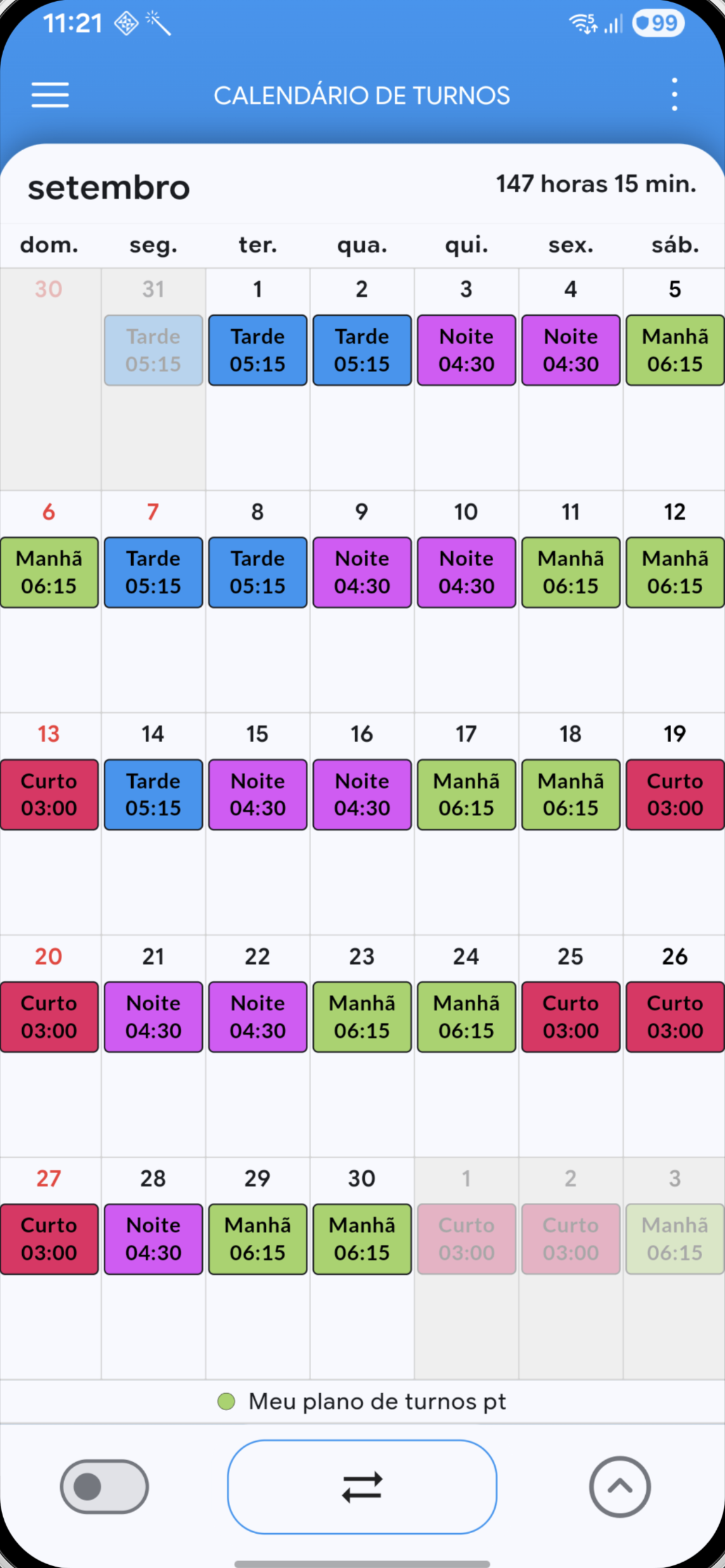 Calendário de turnos